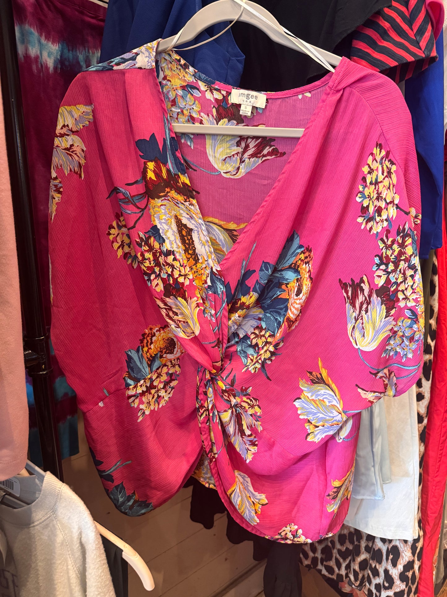 Imgee Pink Floral Wrap Blouse