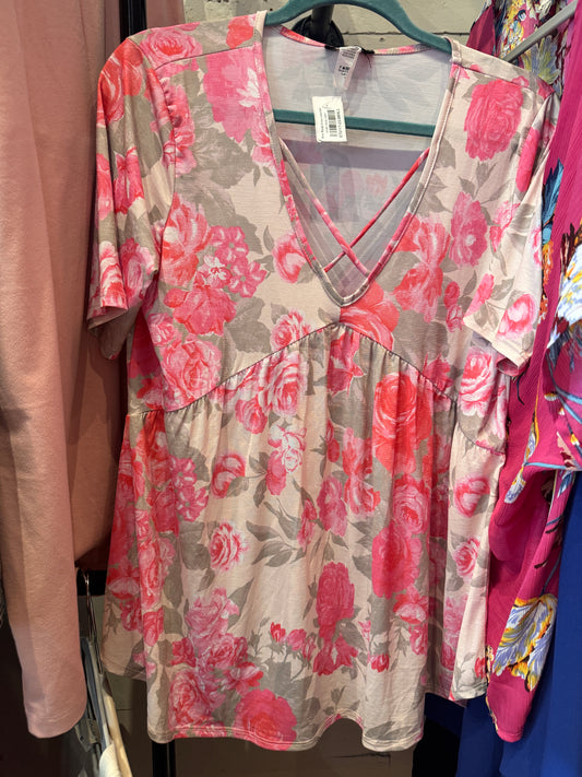 Pink Floral Puff-Sleeve Blouse