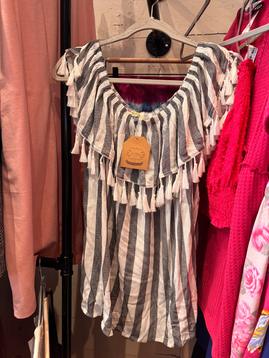 Kori Black & White Striped Tassel Top (NWT)