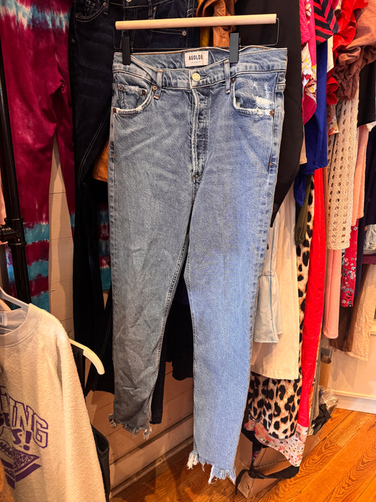 Agolde High-Rise Straight Jeans (light wash, raw hem)