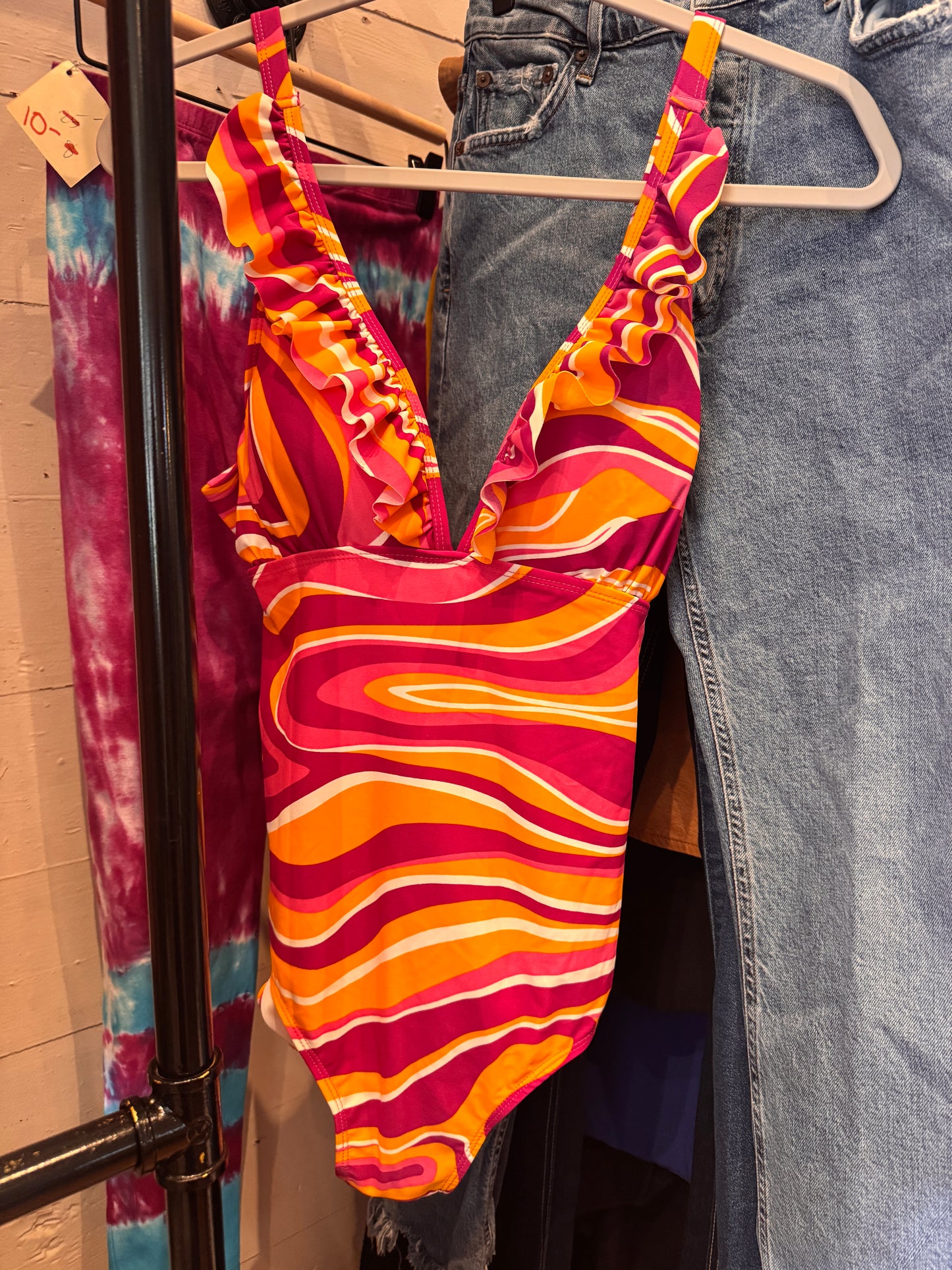 Retro Pink/Orange Swirl One-Piece Swimsuit