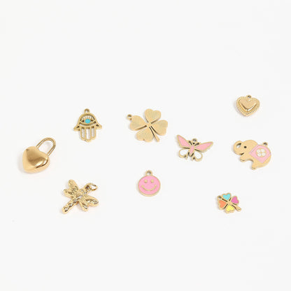 WJW - 18K Gold PVD Stainless Steel Epoxy Pink and White Butterfly Charm / PDL0030