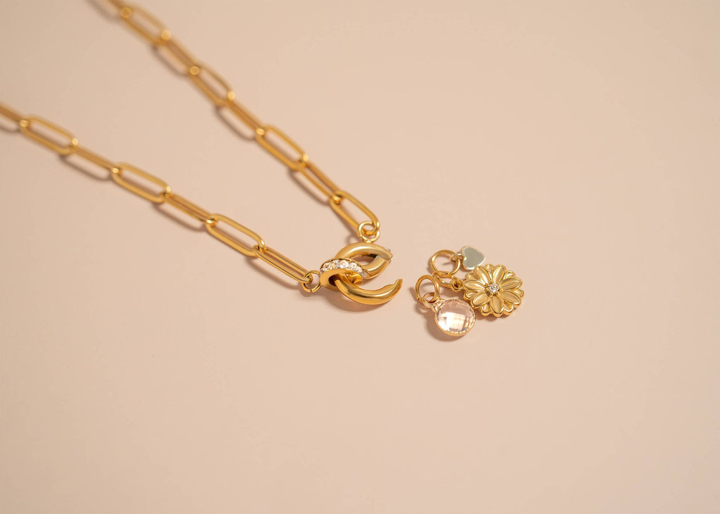 WJW - 18K Gold PVD Paperclip Rhinestone Charm Holder Necklace