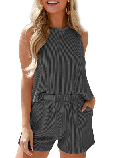 Wholesalesir - Sleeveless Vest Shorts Striped Two-piece Set