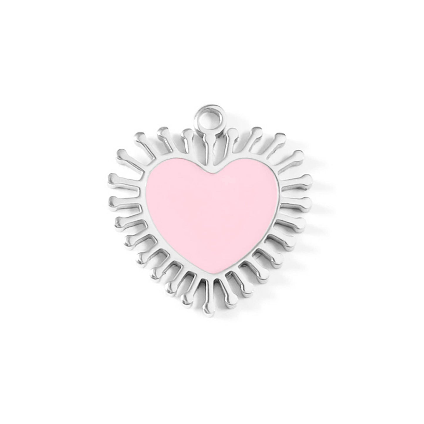 WJW - 18K Gold PVD Stainless Steel Epoxy Pink Sun Ray Heart Charm