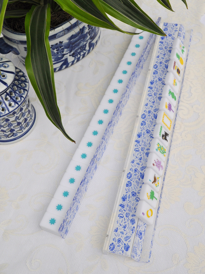 Middle & Main Mahjong - Blue and White Chinoiserie Mahjong Rack and Pusher, Set of 4