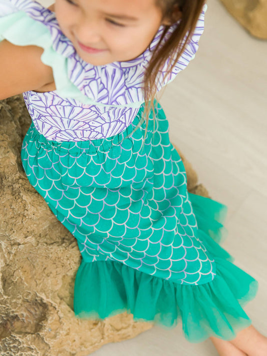 RuffleButts + RuggedButts - Girls Sparkle Scales Mermaid Tail Skirt Cover-Up
