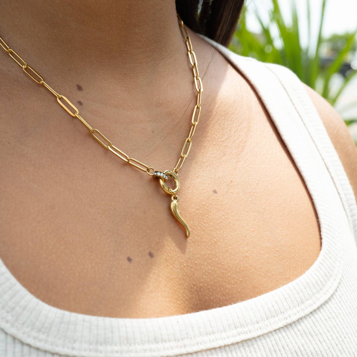 WJW - 18K Gold PVD Paperclip Rhinestone Charm Holder Necklace