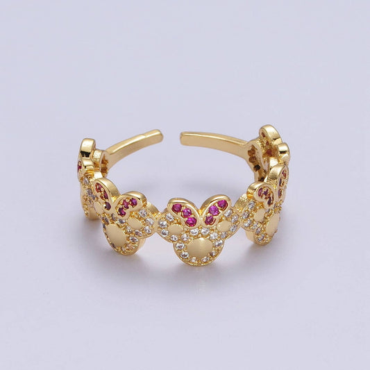 Aim Eternal - Dainty Cute Micro Pave Gold Bowed Mouse Adjustable Ring O184