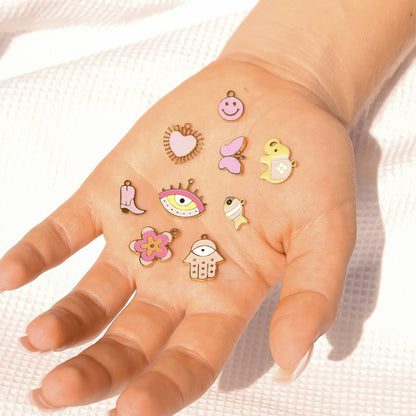 WJW - 18K Gold PVD Stainless Steel Epoxy Pink Sun Ray Heart Charm