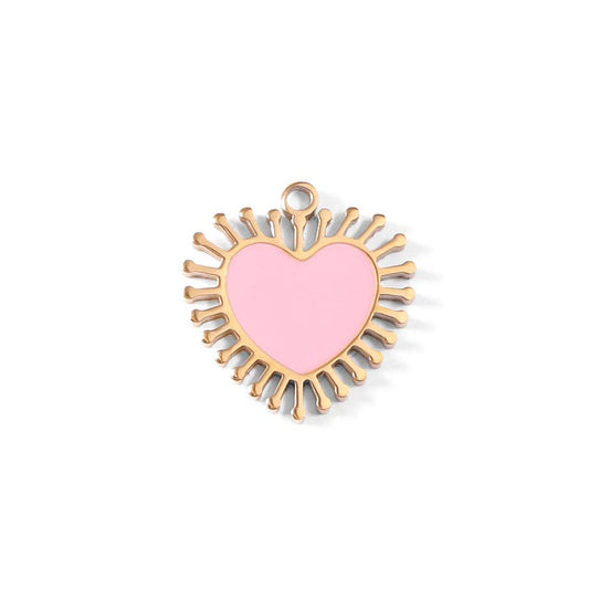 WJW - 18K Gold PVD Stainless Steel Epoxy Pink Sun Ray Heart Charm