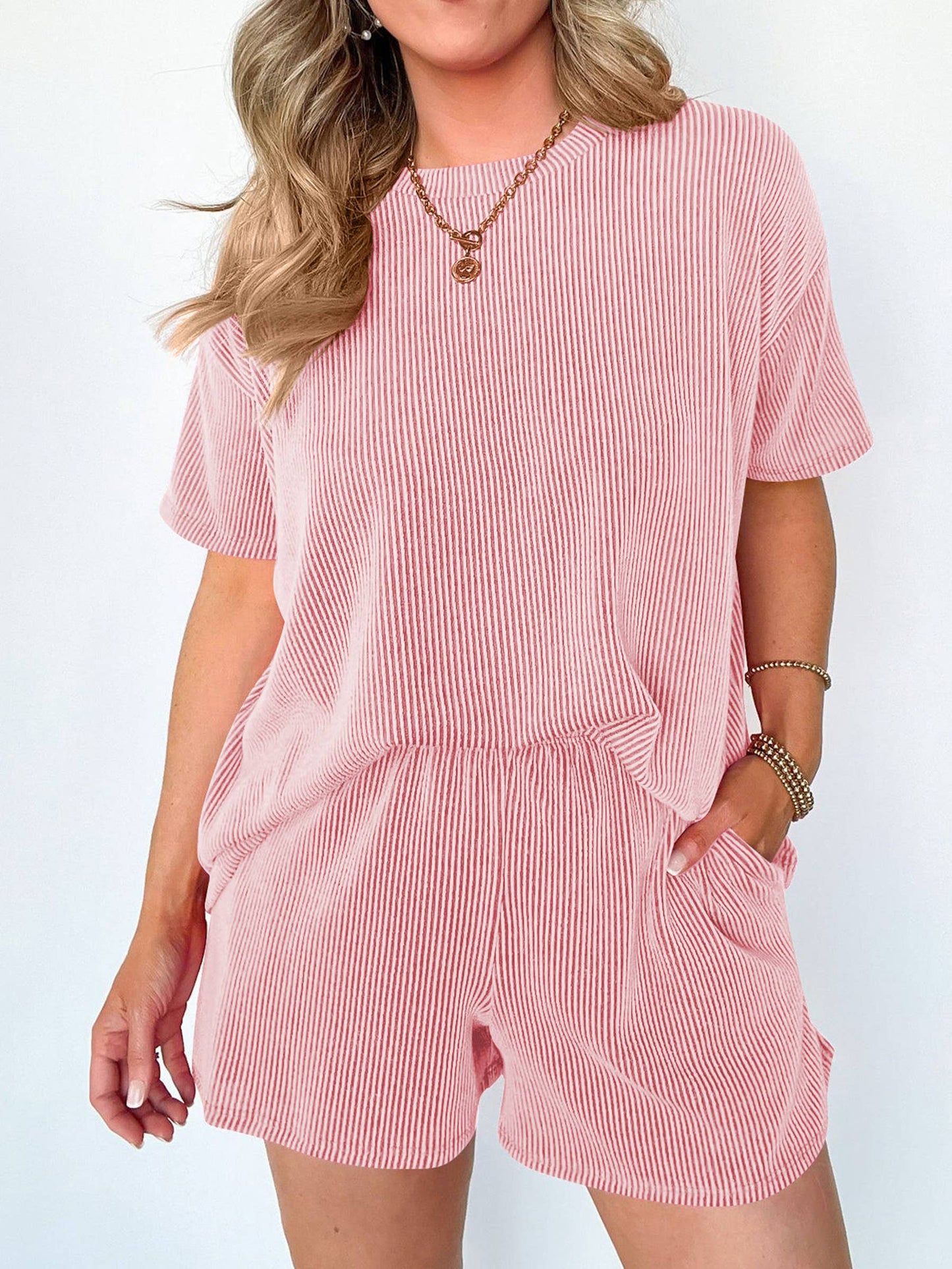 Wholesalesir - Striped Round Neck Top And Shorts Two-Piece Set
