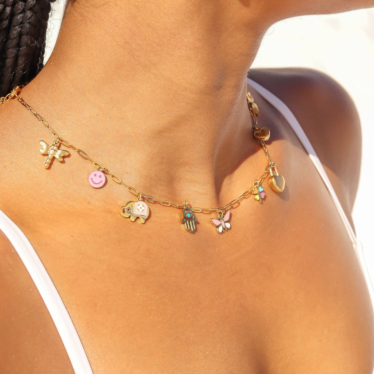WJW - 18K Gold PVD Stainless Steel Epoxy Pink and White Butterfly Charm / PDL0030