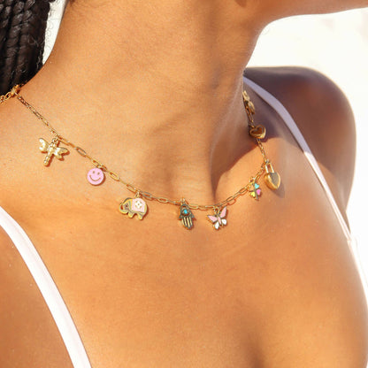 WJW - 18K Gold PVD Stainless Steel Epoxy Pink and White Butterfly Charm / PDL0030