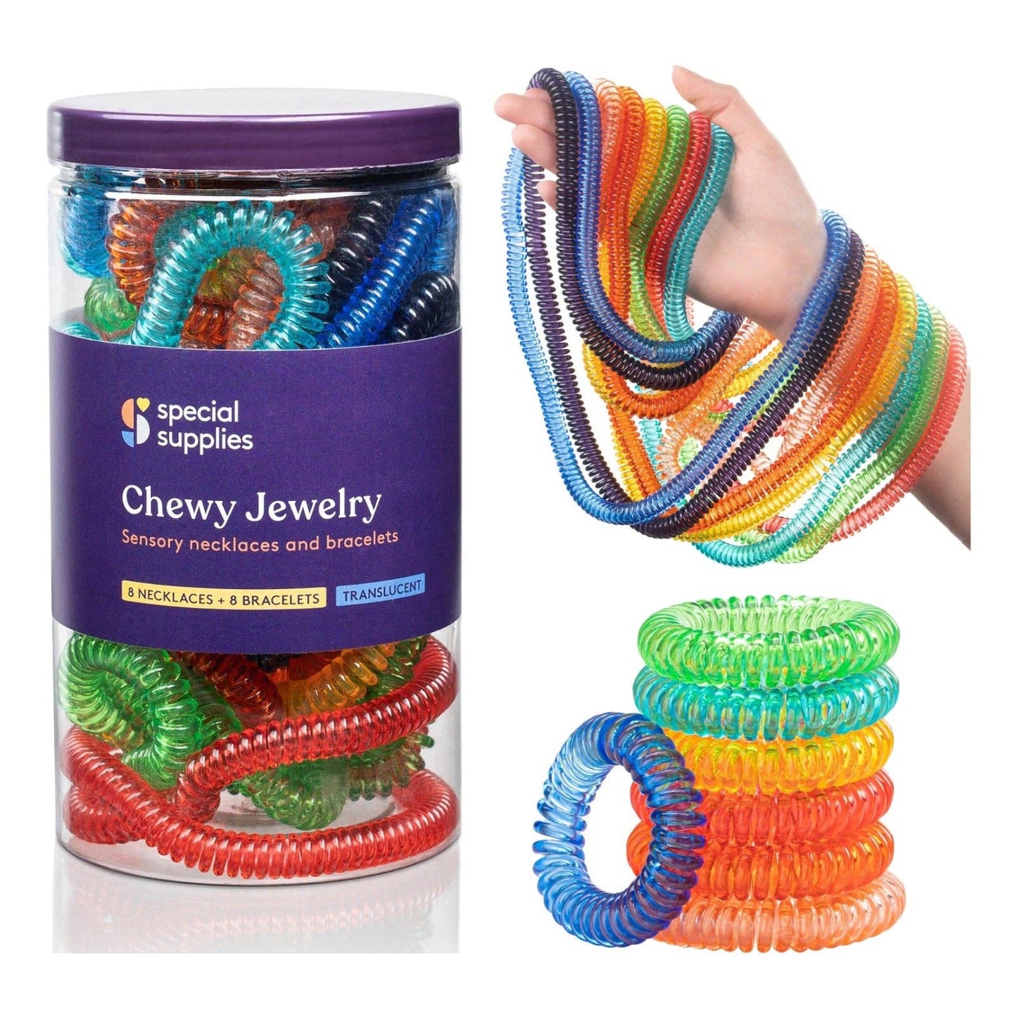 Special Supplies - Special Supplies Chewy Jewelry Sensory Translucent Necklaces and Bracelets, 16 Pack, Soft and Flexible Silicone, Interactive Stress and Anxiety Relief for Kids, Supports ADD, ADHD, Autism