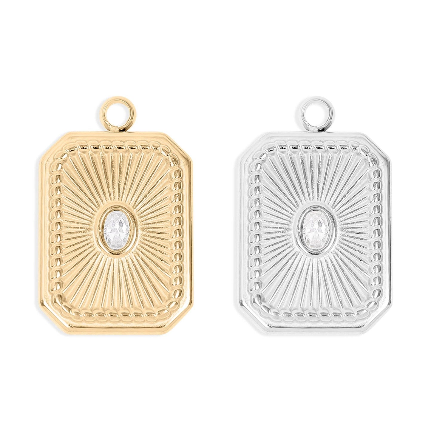 WJW - 18K Gold PVD Stainless Steel Rectangle Sunburst Crystal Charm