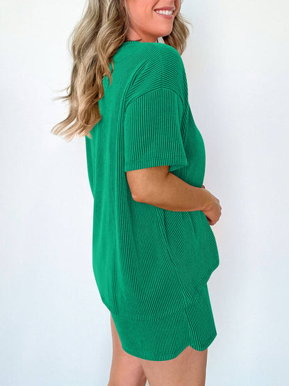 Wholesalesir - Striped Round Neck Top And Shorts Two-Piece Set