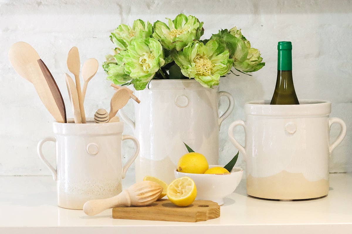 etúHOME - White Artisanal Handthrown Ceramic Utensil Crock w/ Handles