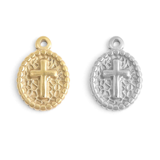WJW - 18K Gold PVD Stainless Steel Textured Medallion Cross Charm