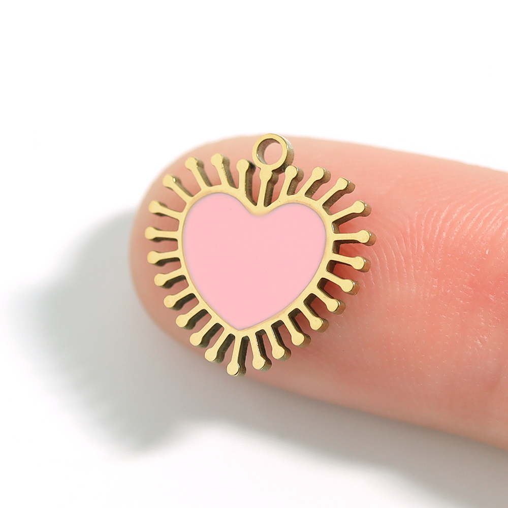WJW - 18K Gold PVD Stainless Steel Epoxy Pink Sun Ray Heart Charm