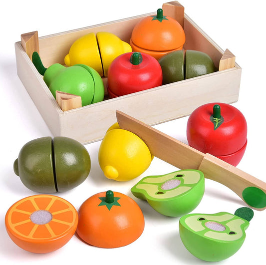 Fun Little Toys - 11 Pcs Wooden Pretend-Play Fruit Cutting Set for Kid Toys