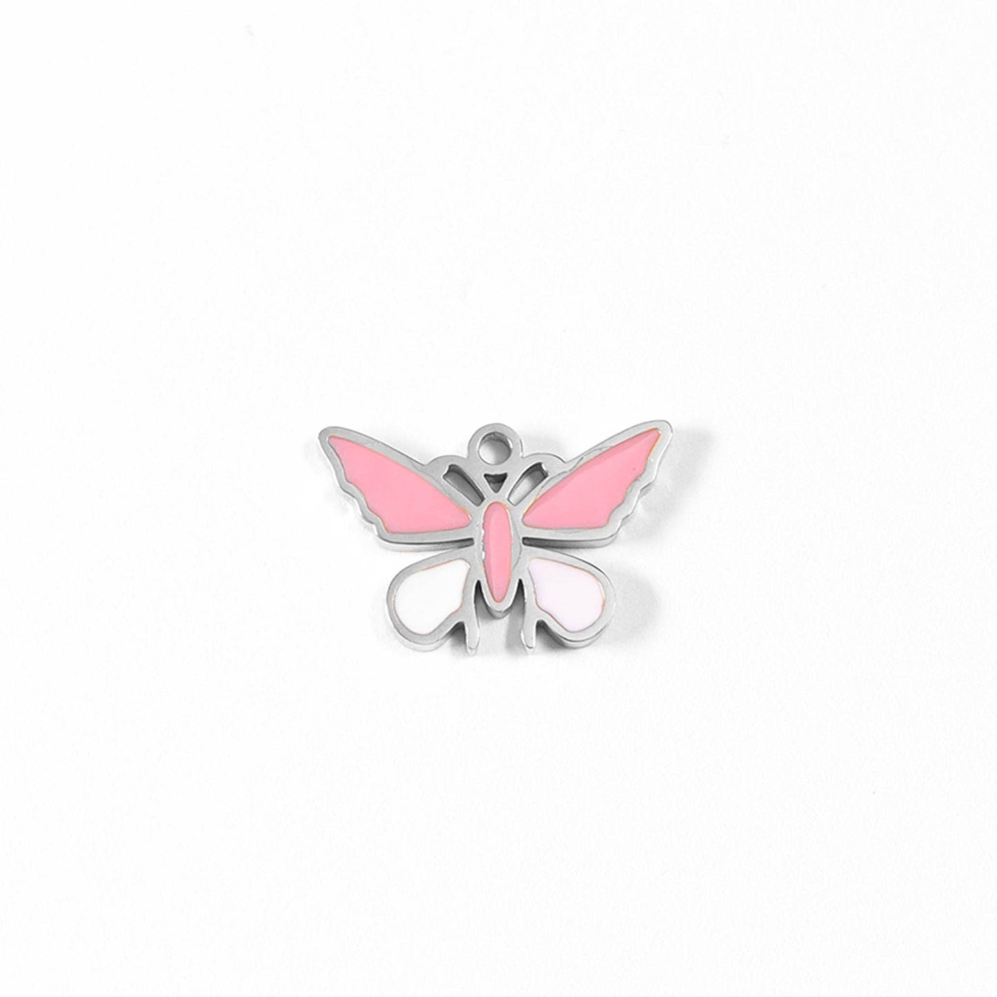 WJW - 18K Gold PVD Stainless Steel Epoxy Pink and White Butterfly Charm / PDL0030