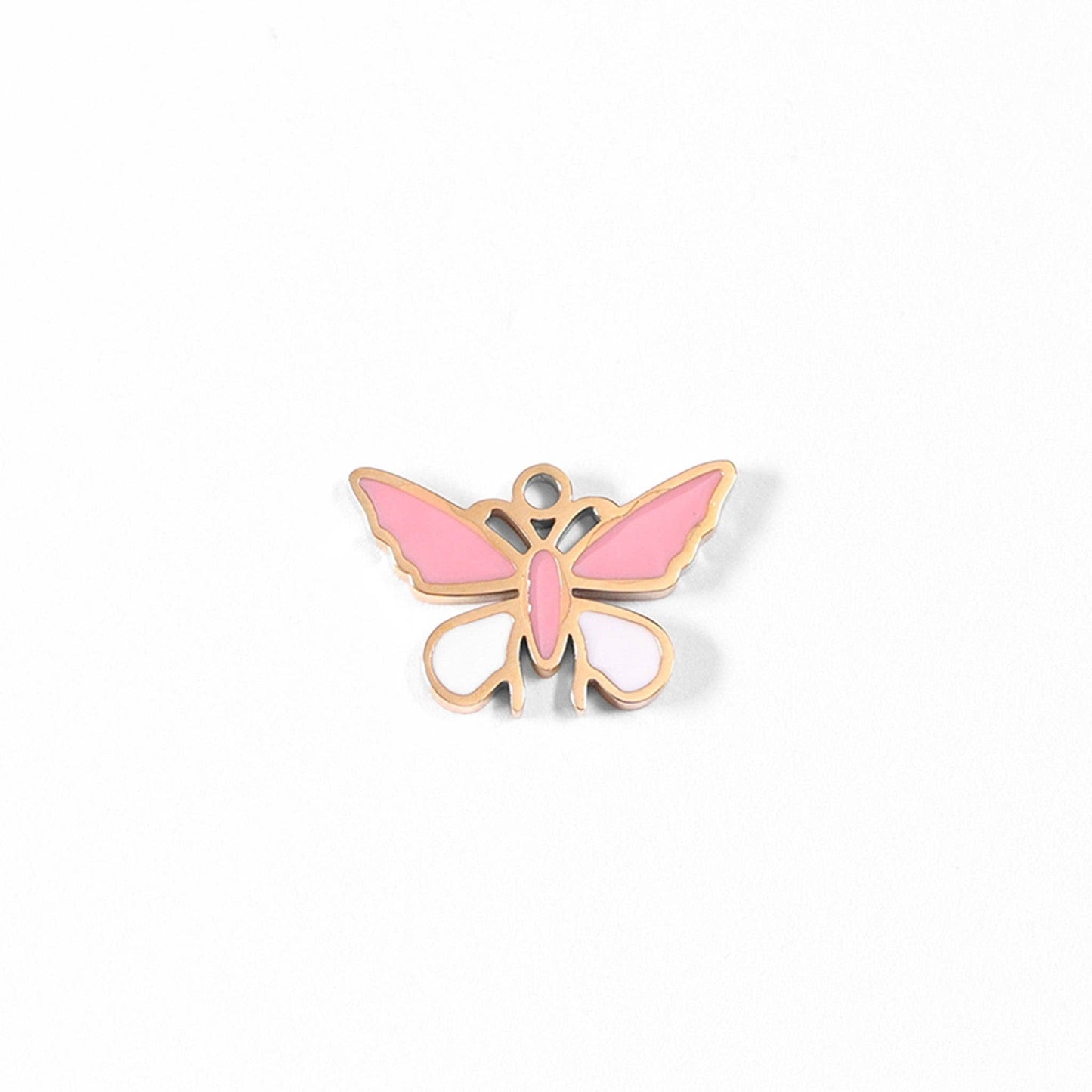 WJW - 18K Gold PVD Stainless Steel Epoxy Pink and White Butterfly Charm / PDL0030