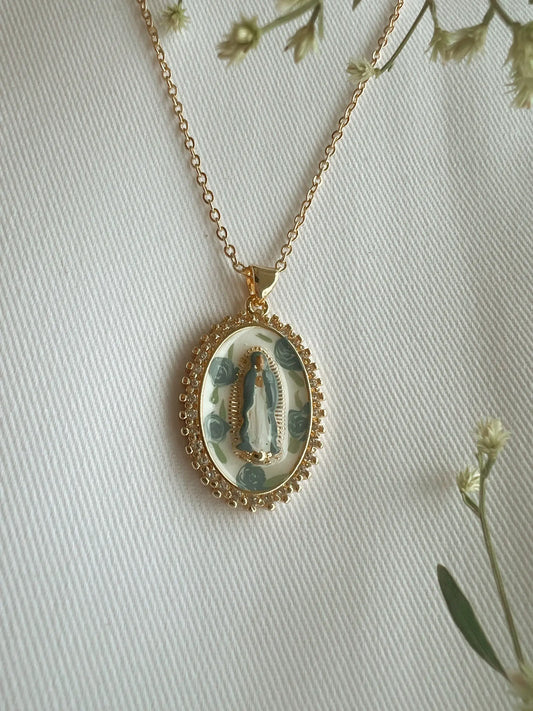 Harleigh Leonards Designs - Mother Mary in Blue Roses Necklace