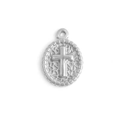WJW - 18K Gold PVD Stainless Steel Textured Medallion Cross Charm