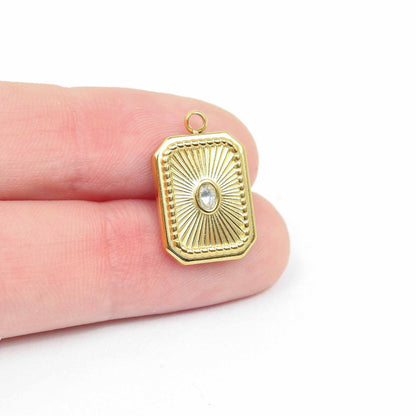 WJW - 18K Gold PVD Stainless Steel Rectangle Sunburst Crystal Charm